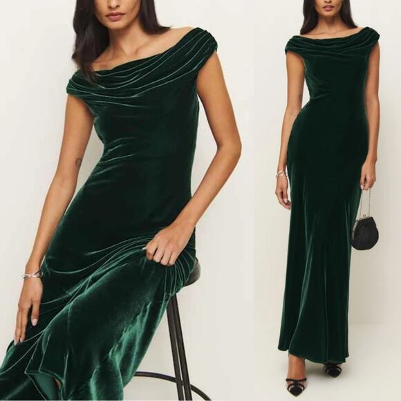 Reformation Elvie Velvet Maxi Dress Size 4 Forest Green Off Shoulder - Picture 1 of 9